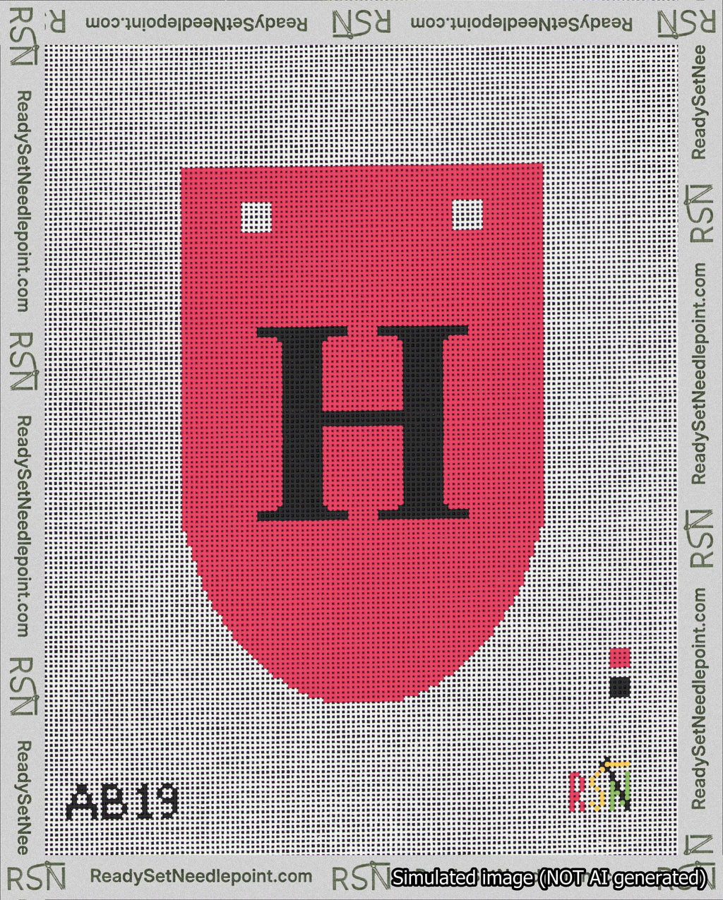 A taped needlepoint canvas with the design: Banner 18 mesh count Rounded H Black on Red.