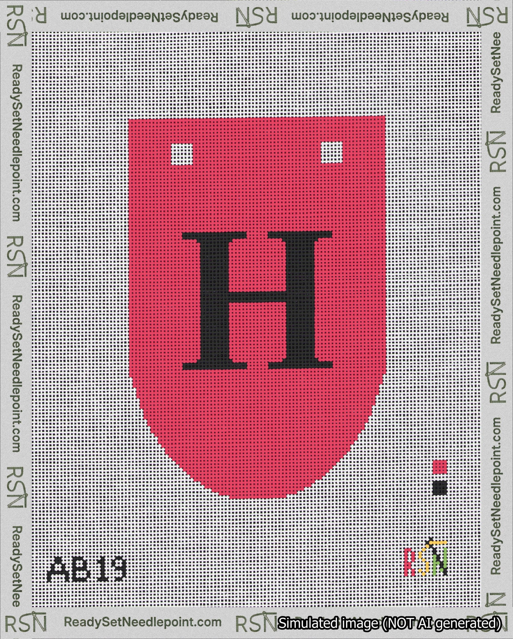 A taped needlepoint canvas with the design: Banner 18 mesh count Rounded H Black on Red.