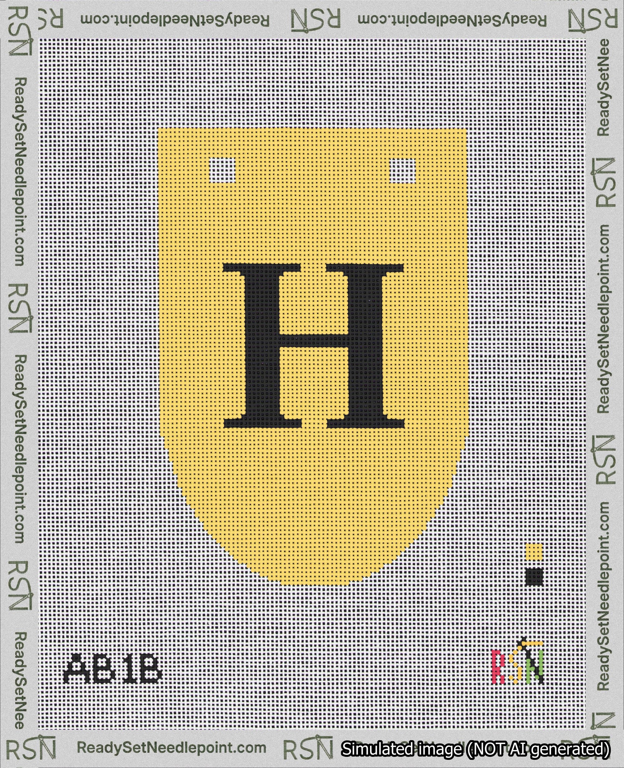A taped needlepoint canvas with the design: Banner 18 mesh count Rounded H Black on Yellow.