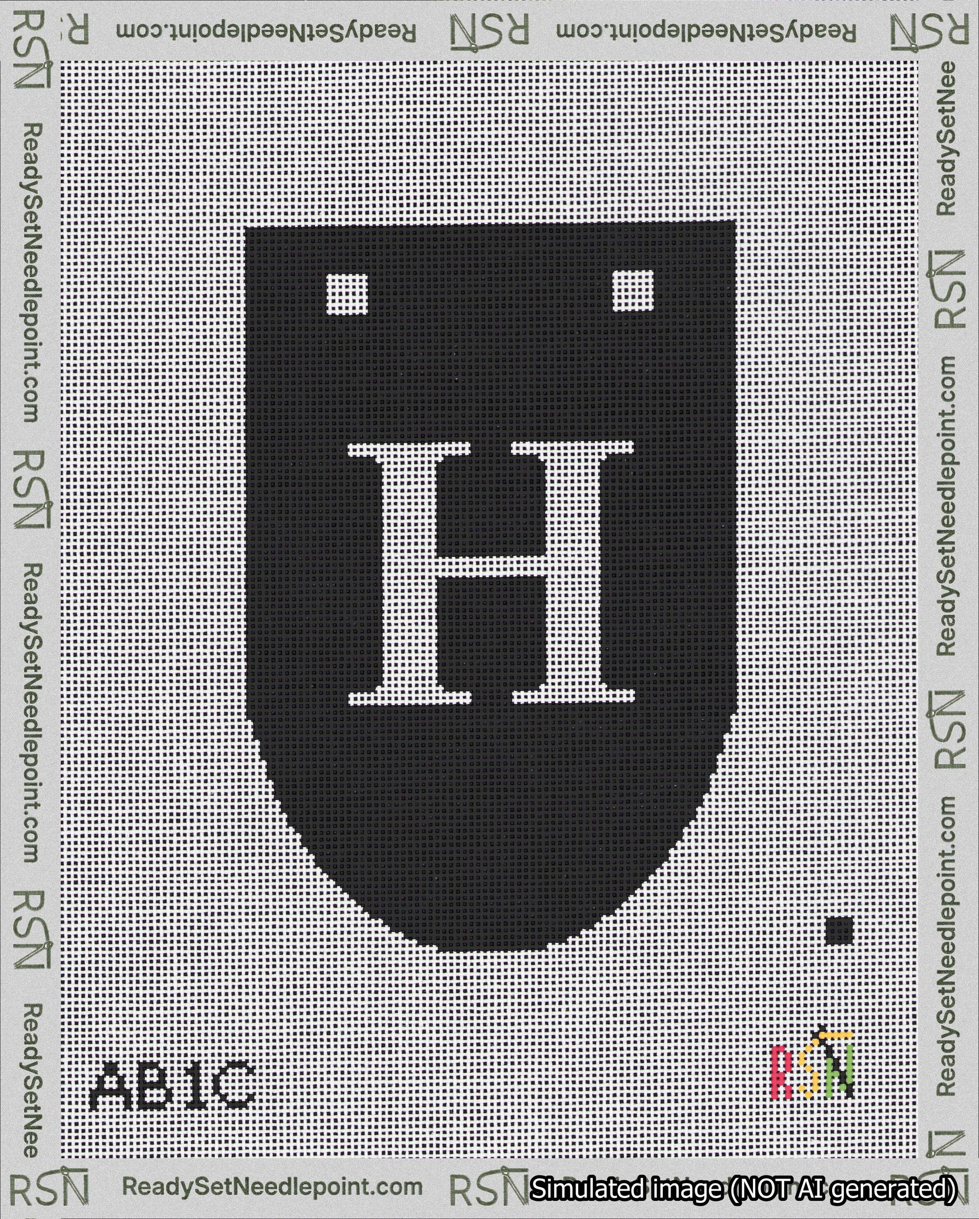 A taped needlepoint canvas with the design: Banner 18 mesh count Rounded H White on Black.