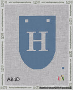 A taped needlepoint canvas with the design: Banner 18 mesh count Rounded H White on Blue.