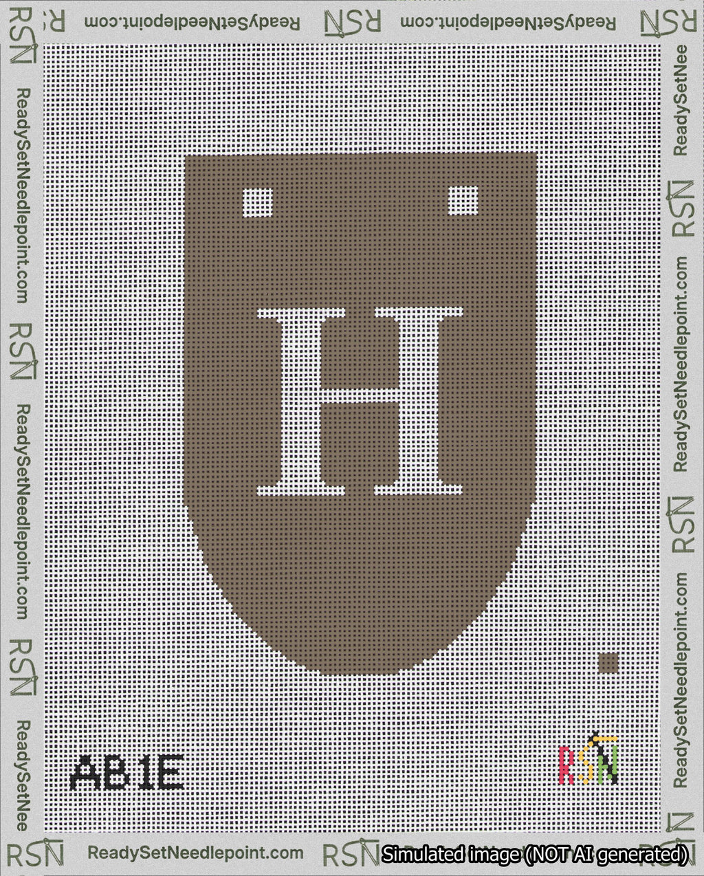 A taped needlepoint canvas with the design: Banner 18 mesh count Rounded H White on Brown.