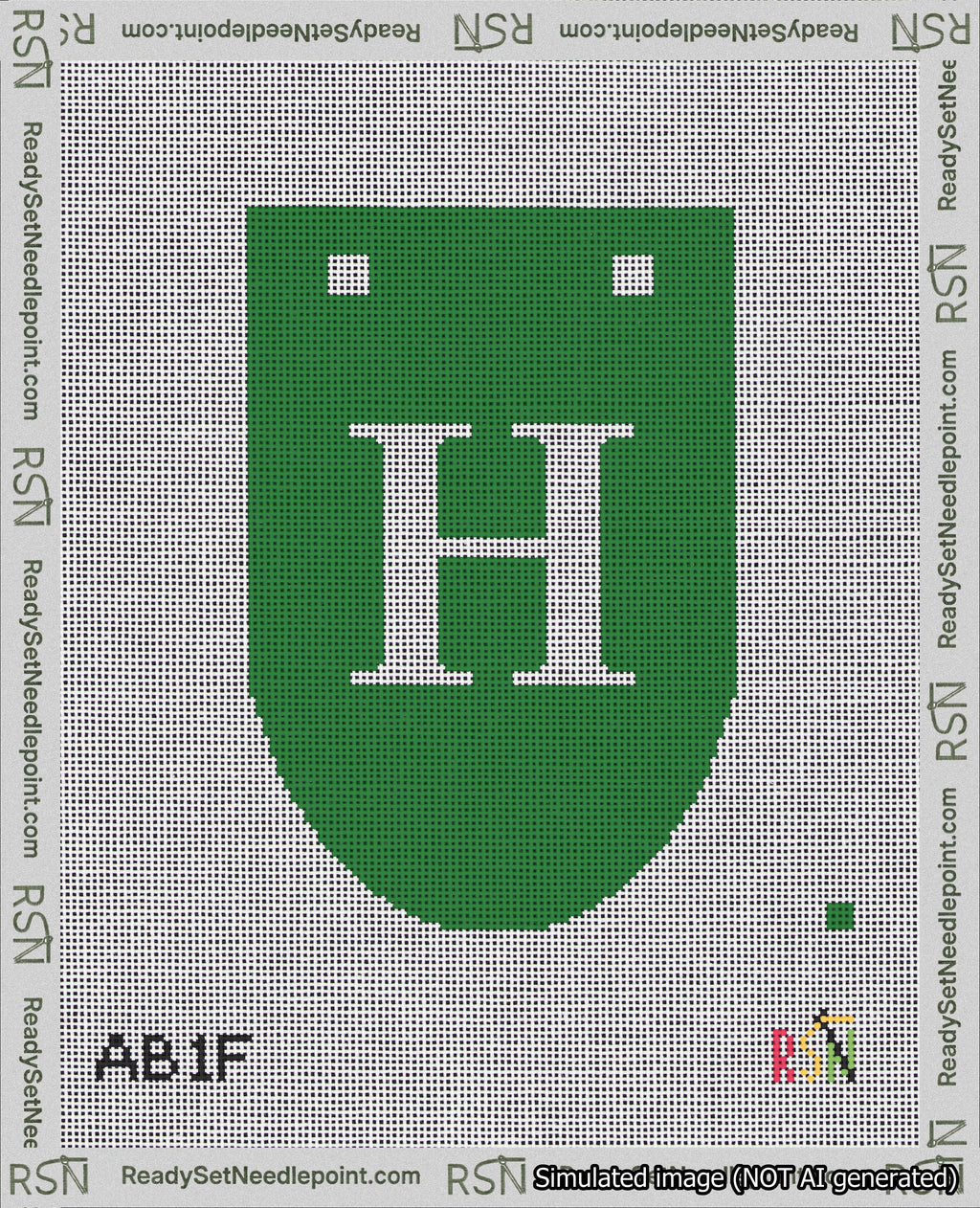 A taped needlepoint canvas with the design: Banner 18 mesh count Rounded H White on Green.