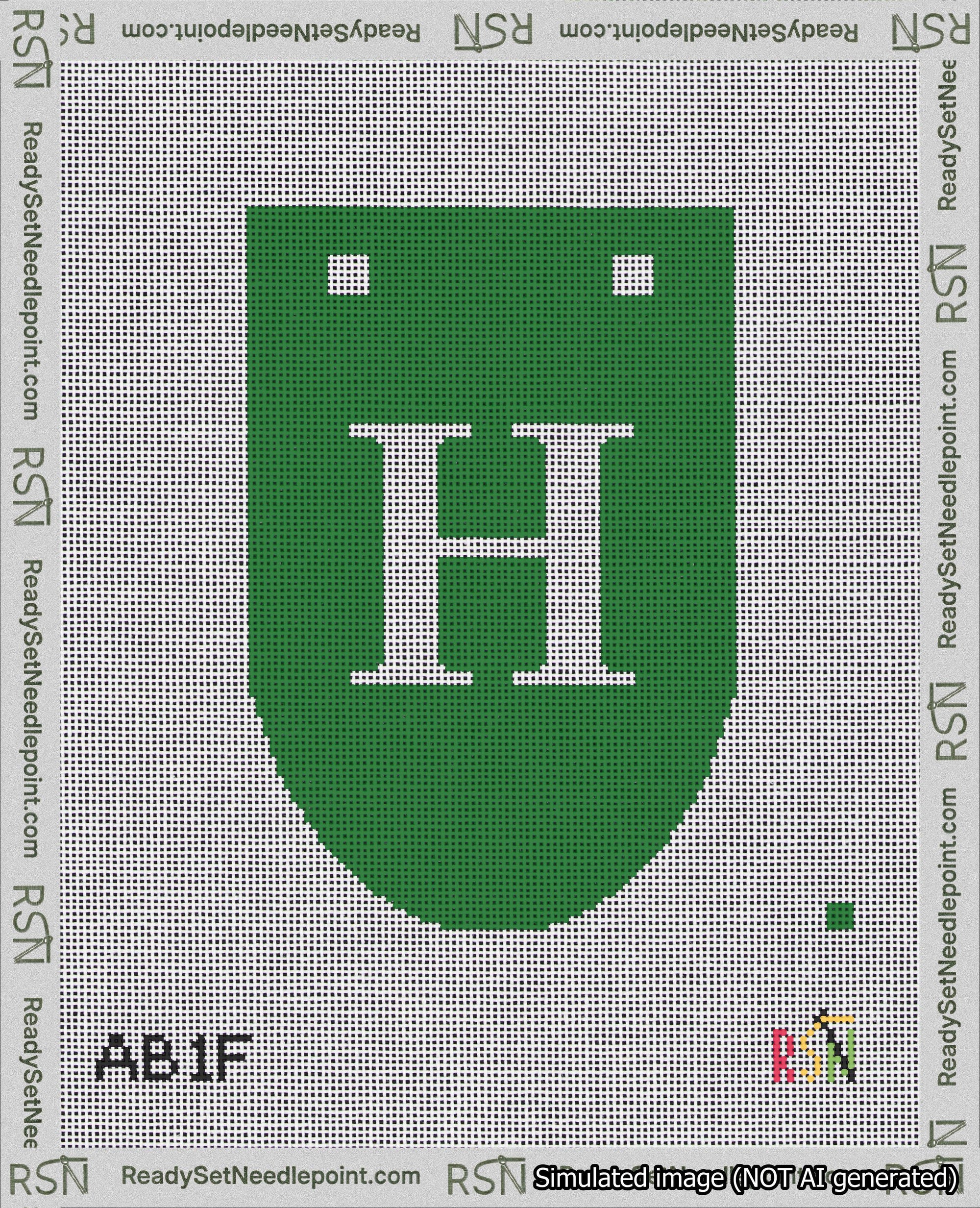 A taped needlepoint canvas with the design: Banner 18 mesh count Rounded H White on Green.