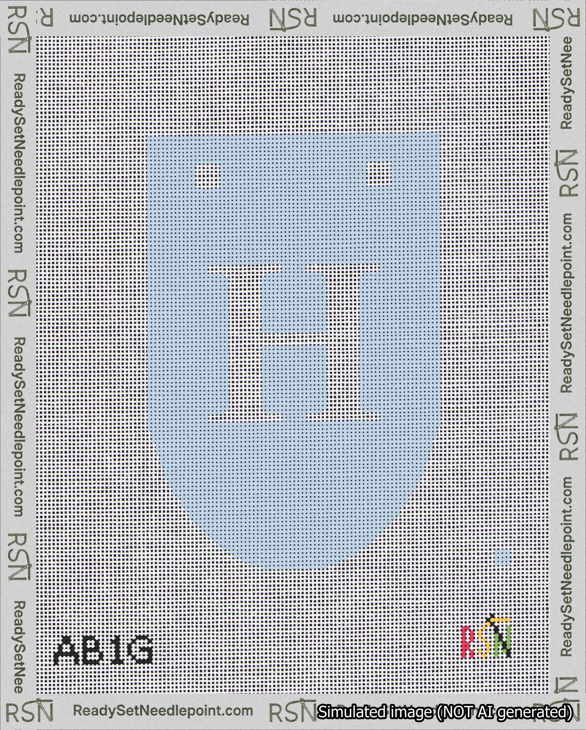 A taped needlepoint canvas with the design: Banner 18 mesh count Rounded H White on Light Blue.