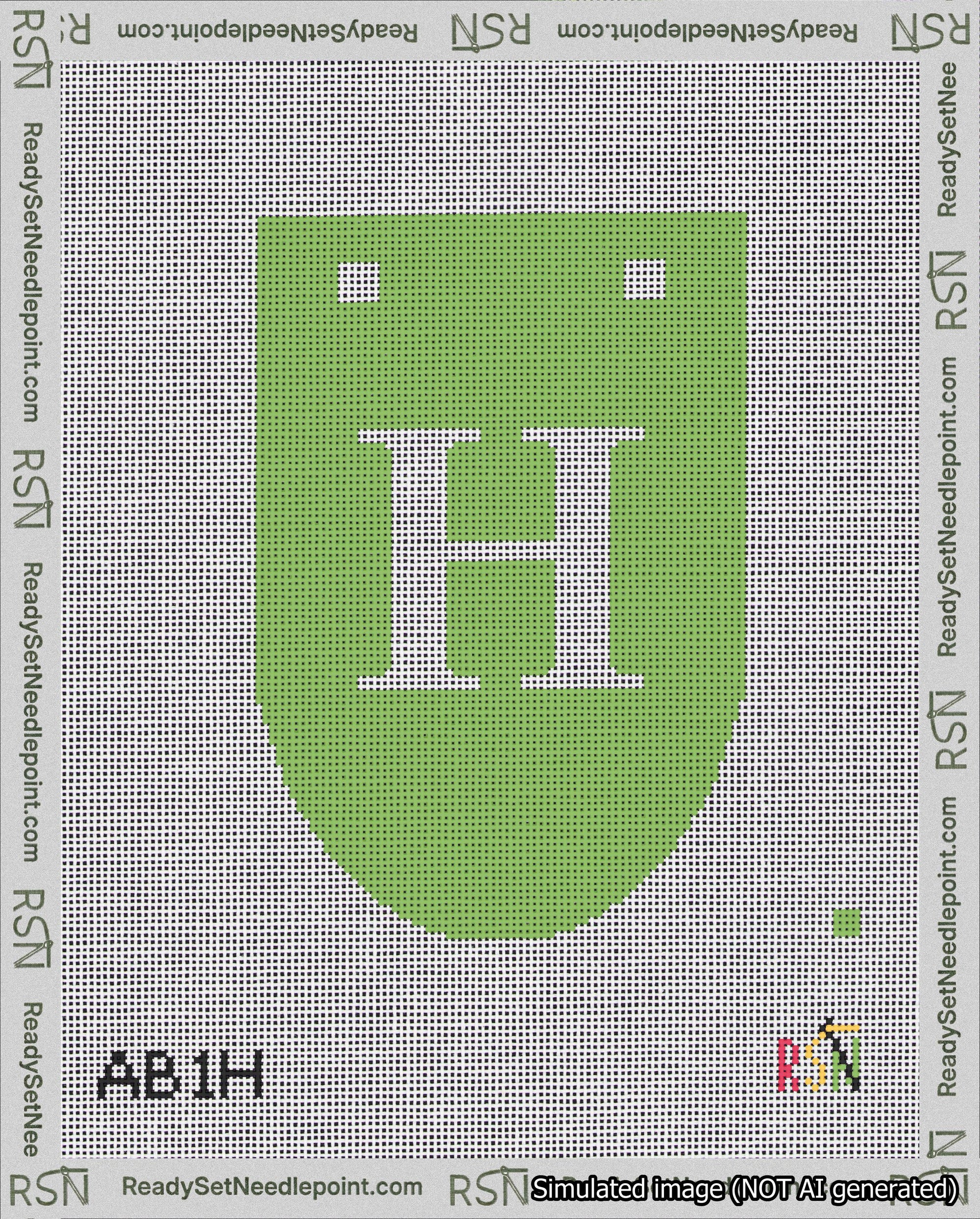 A taped needlepoint canvas with the design: Banner 18 mesh count Rounded H White on Light Green.