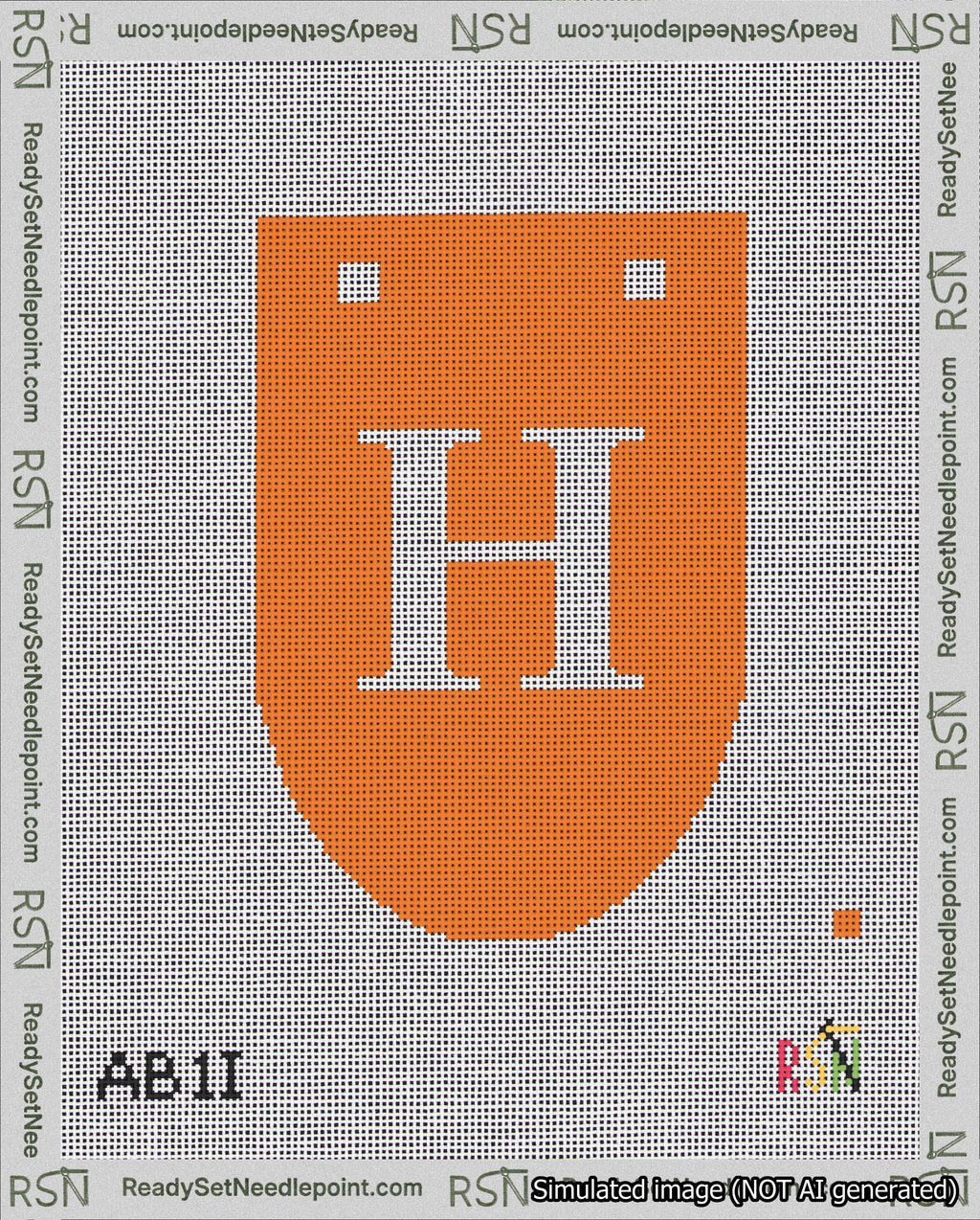 A taped needlepoint canvas with the design: Banner 18 mesh count Rounded H White on Orange.
