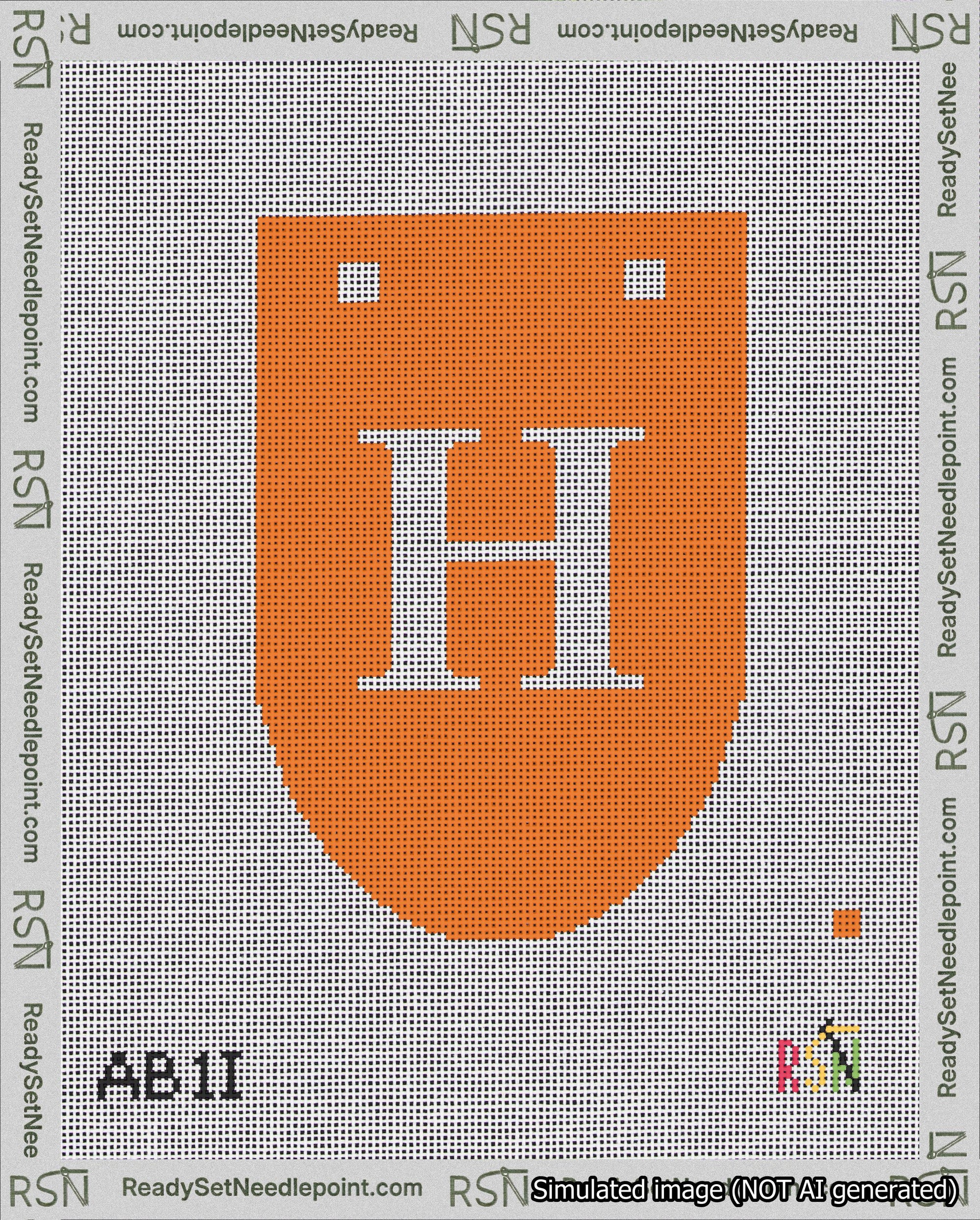 A taped needlepoint canvas with the design: Banner 18 mesh count Rounded H White on Orange.