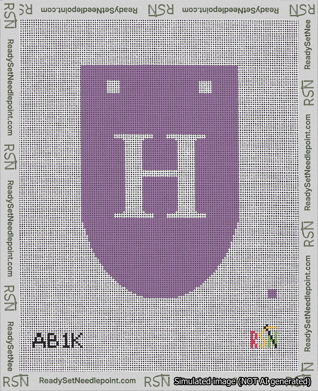 A taped needlepoint canvas with the design: Banner 18 mesh count Rounded H White on Purple.
