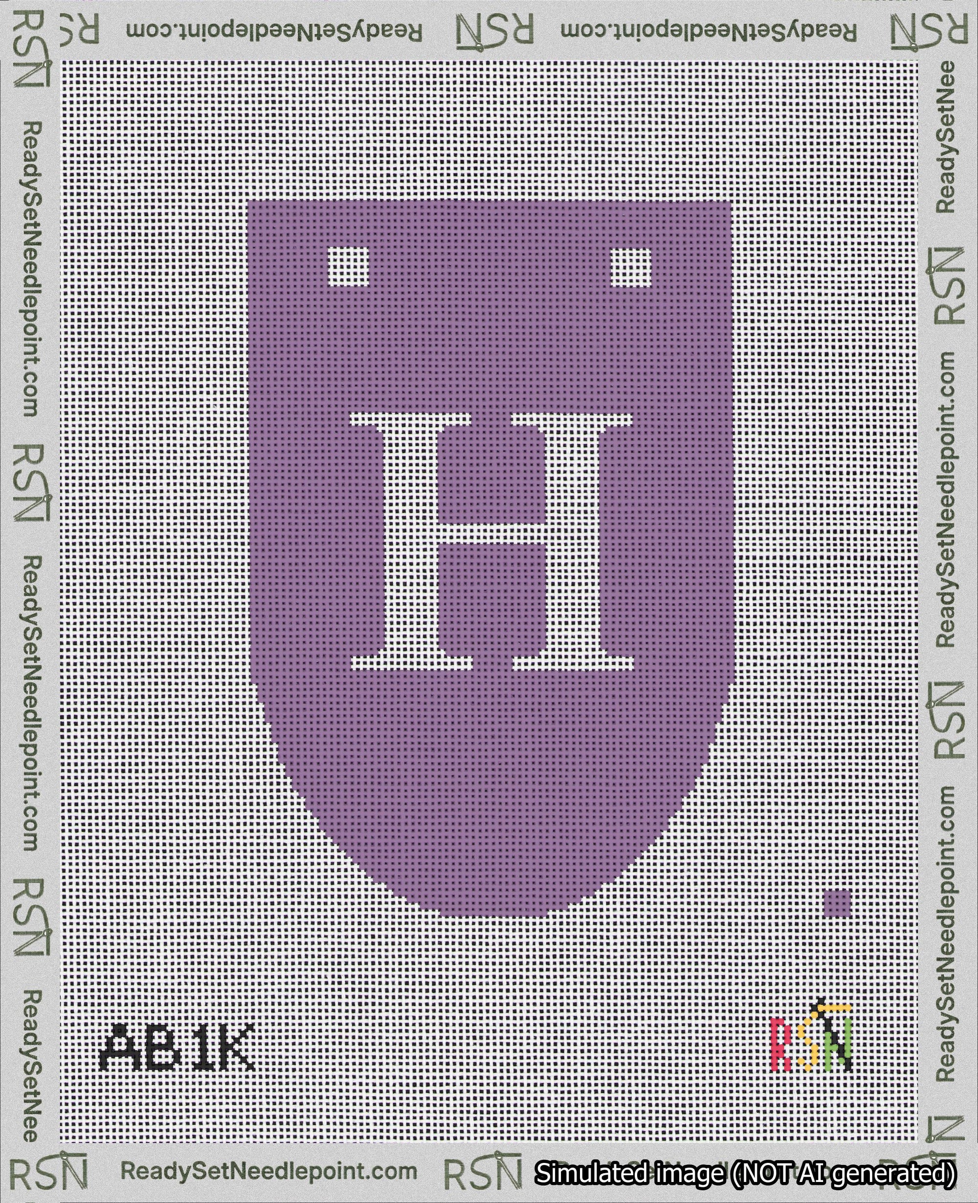 A taped needlepoint canvas with the design: Banner 18 mesh count Rounded H White on Purple.