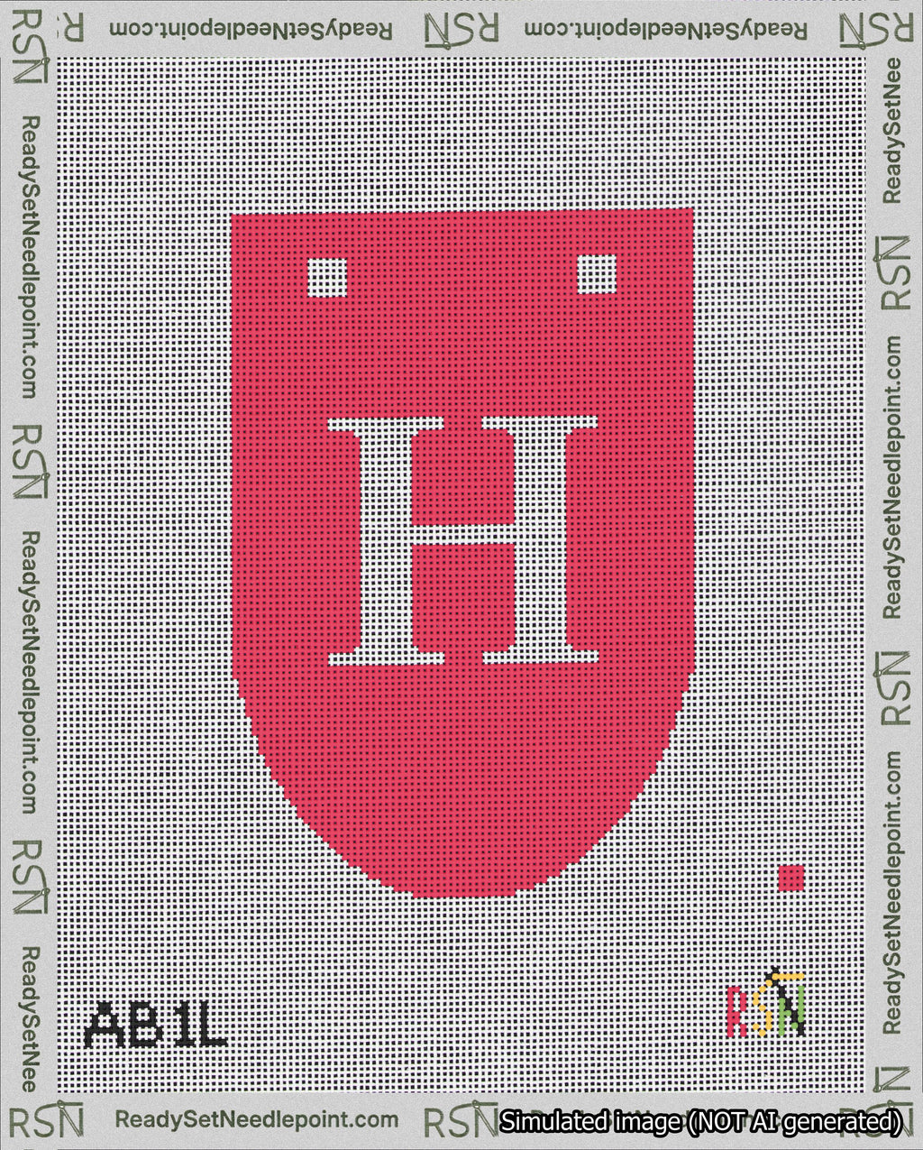 A taped needlepoint canvas with the design: Banner 18 mesh count Rounded H White on Red.