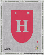 A taped needlepoint canvas with the design: Banner 18 mesh count Rounded H White on Red.
