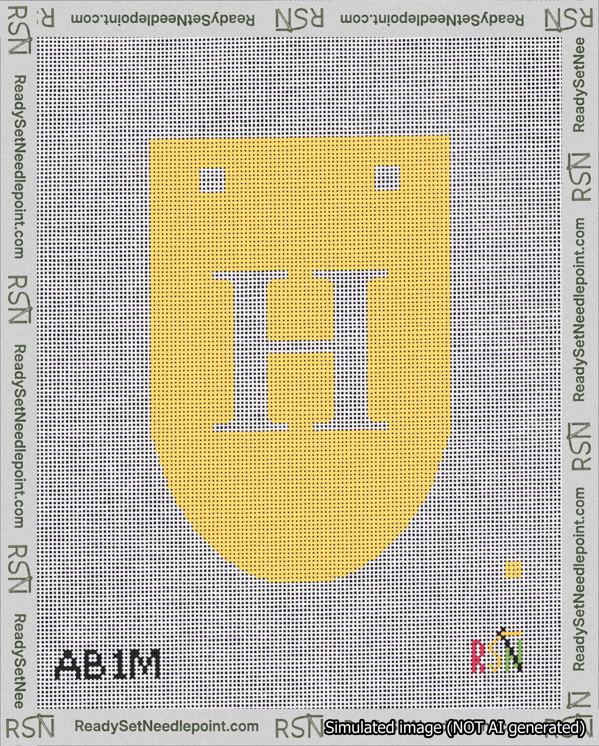 A taped needlepoint canvas with the design: Banner 18 mesh count Rounded H White on Yellow.