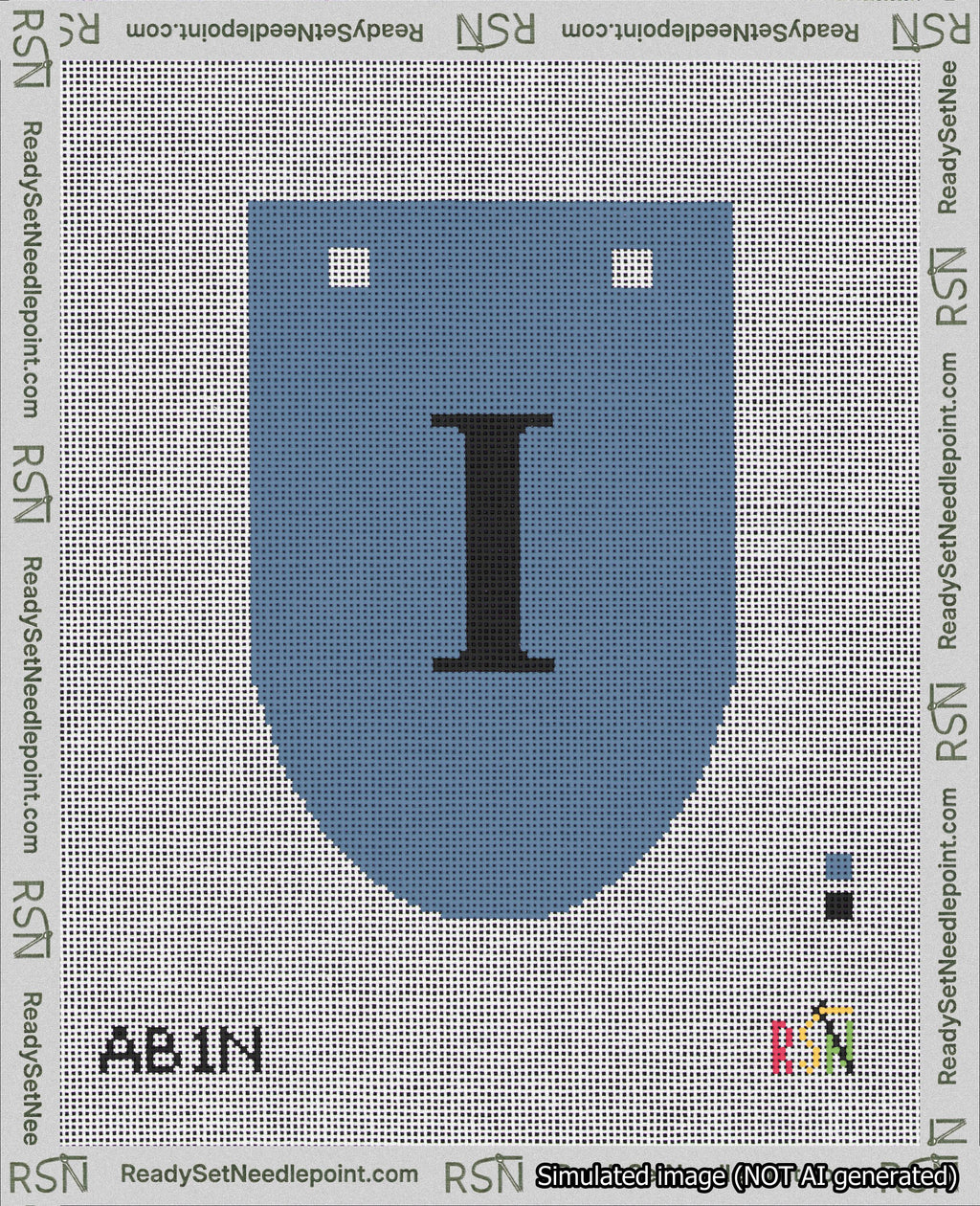 A taped needlepoint canvas with the design: Banner 18 mesh count Rounded I Black on Blue.