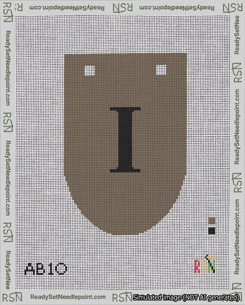 A taped needlepoint canvas with the design: Banner 18 mesh count Rounded I Black on Brown.