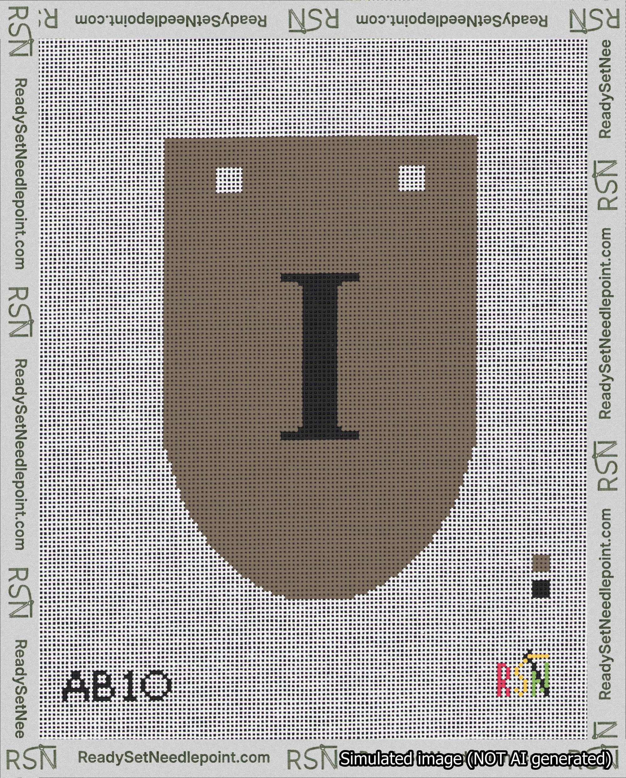A taped needlepoint canvas with the design: Banner 18 mesh count Rounded I Black on Brown.