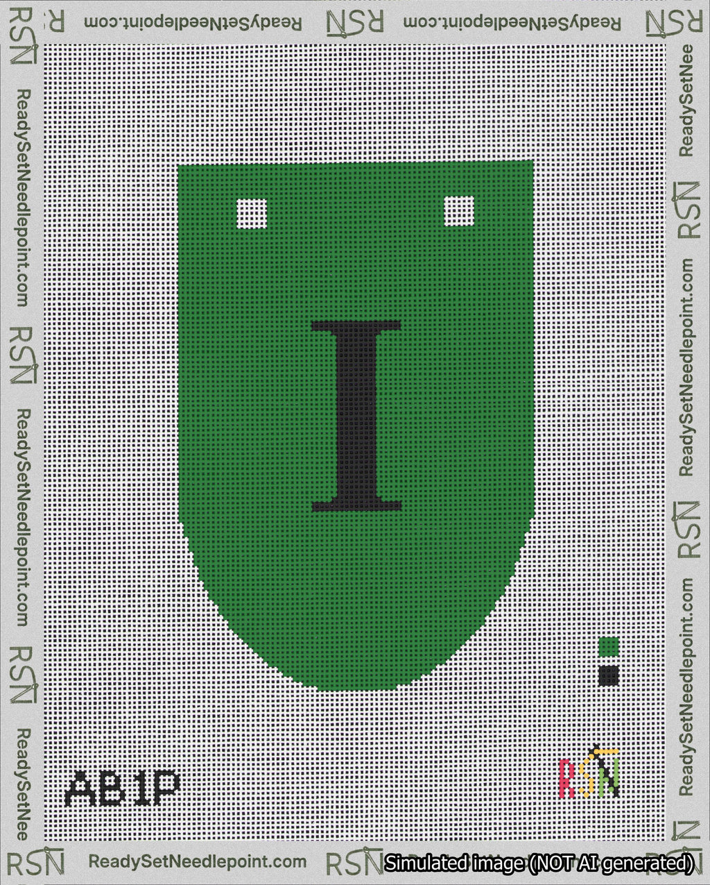 A taped needlepoint canvas with the design: Banner 18 mesh count Rounded I Black on Green.
