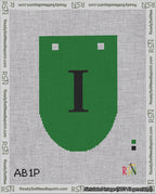 A taped needlepoint canvas with the design: Banner 18 mesh count Rounded I Black on Green.