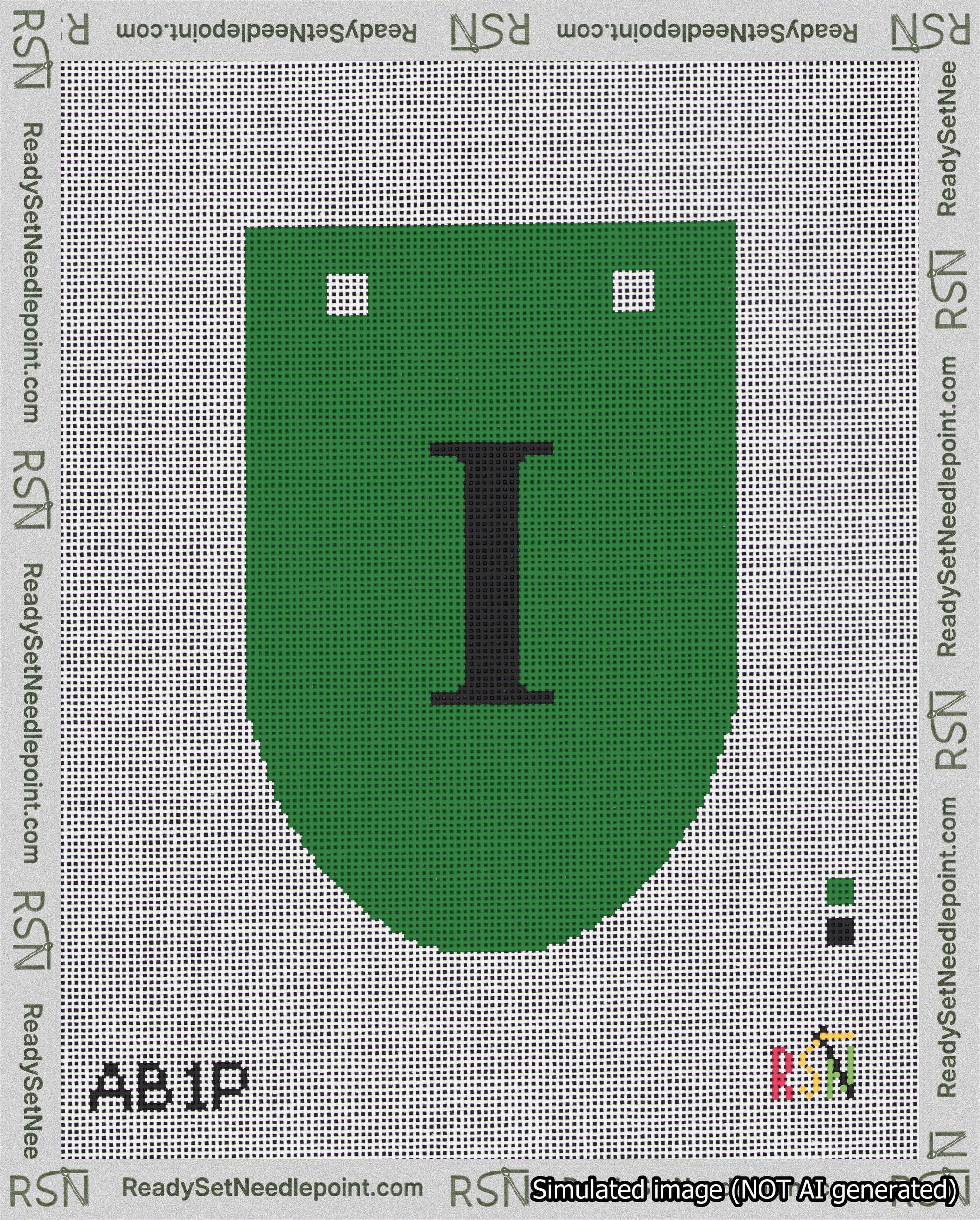 A taped needlepoint canvas with the design: Banner 18 mesh count Rounded I Black on Green.
