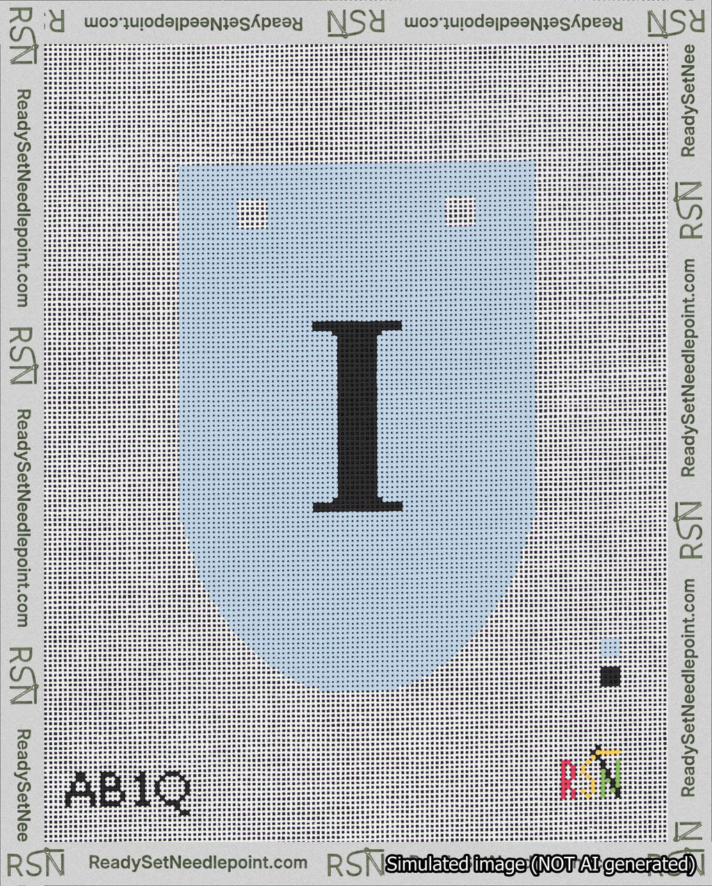 A taped needlepoint canvas with the design: Banner 18 mesh count Rounded I Black on Light Blue.