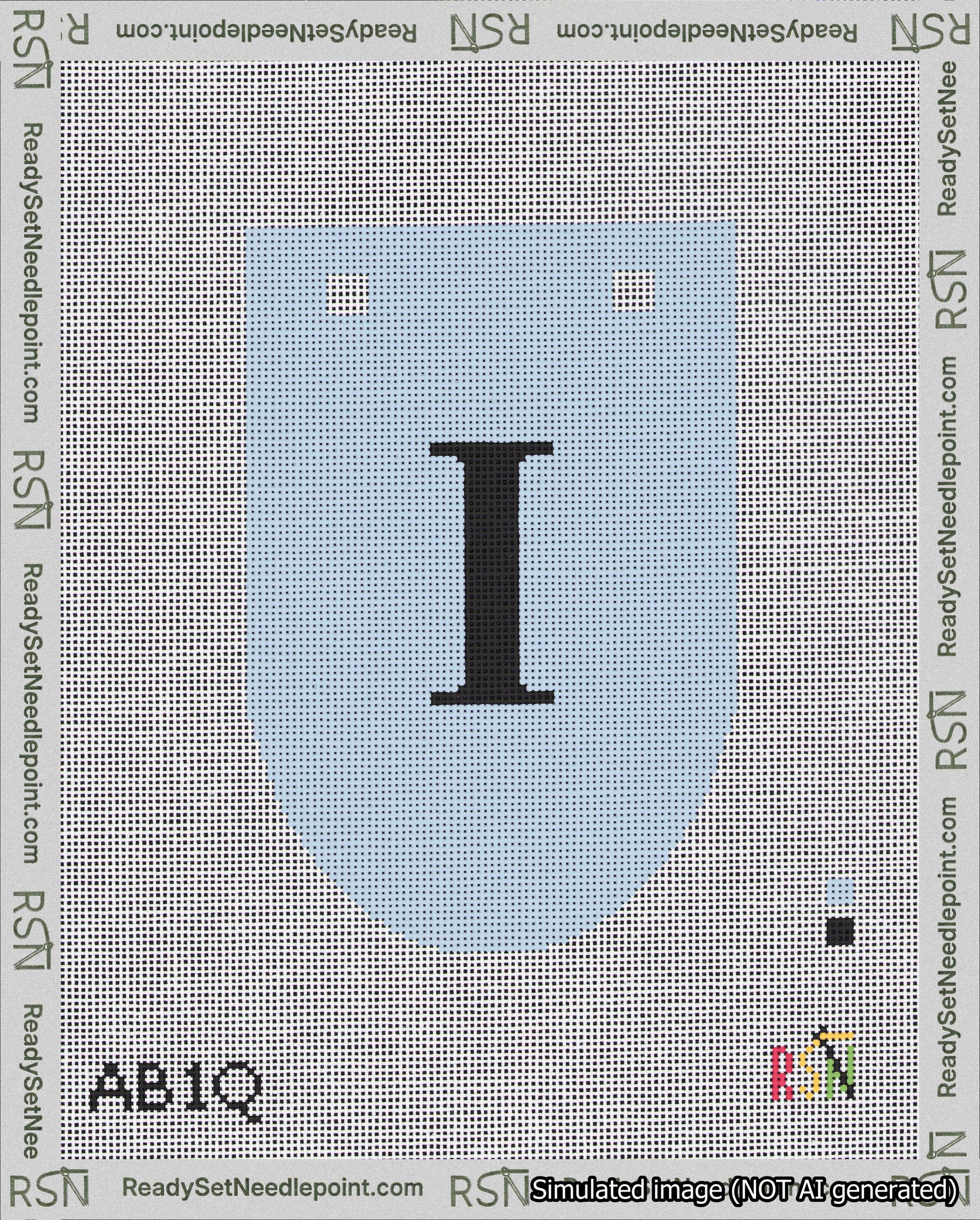 A taped needlepoint canvas with the design: Banner 18 mesh count Rounded I Black on Light Blue.