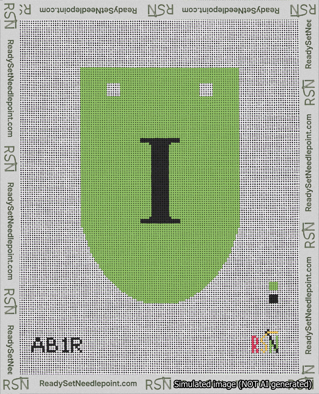 A taped needlepoint canvas with the design: Banner 18 mesh count Rounded I Black on Light Green.