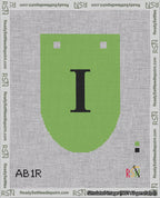 A taped needlepoint canvas with the design: Banner 18 mesh count Rounded I Black on Light Green.