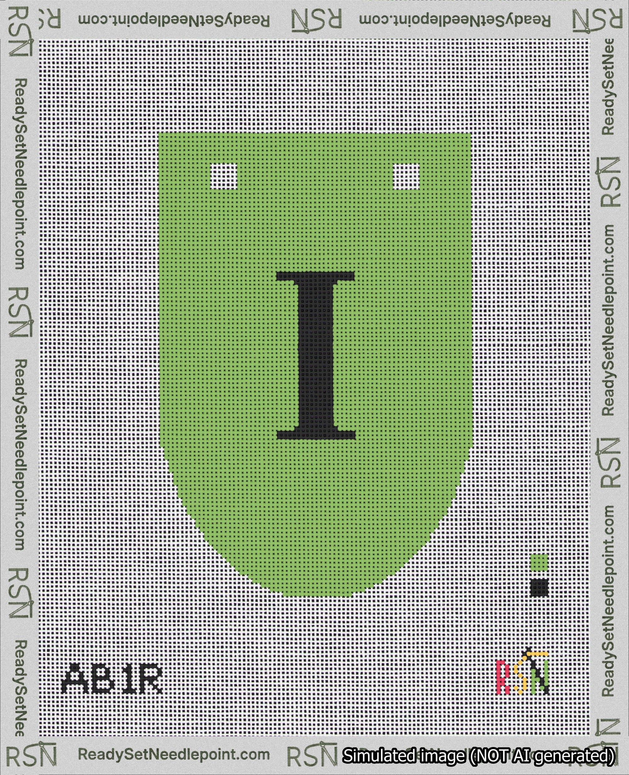 A taped needlepoint canvas with the design: Banner 18 mesh count Rounded I Black on Light Green.