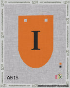 A taped needlepoint canvas with the design: Banner 18 mesh count Rounded I Black on Orange.