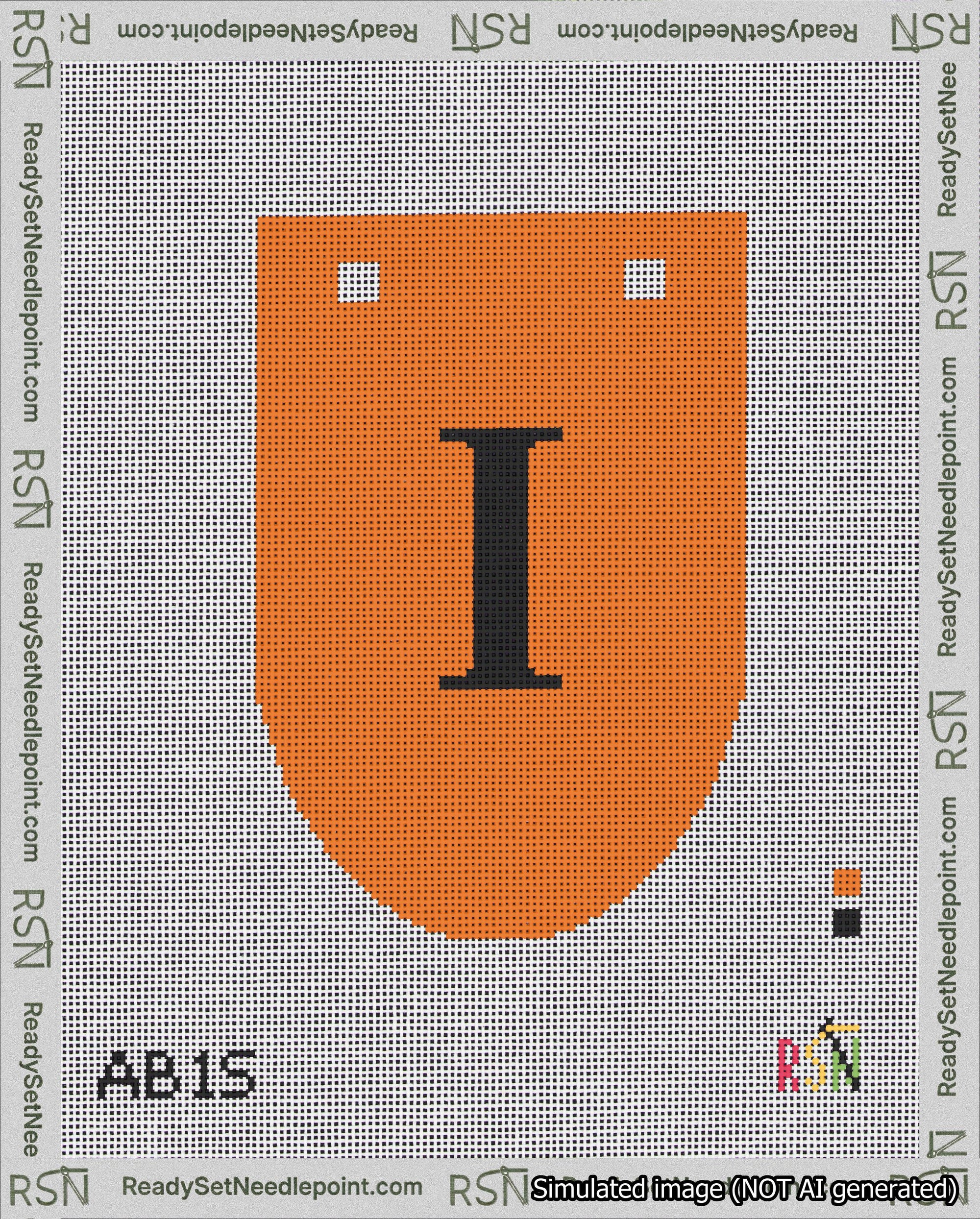 A taped needlepoint canvas with the design: Banner 18 mesh count Rounded I Black on Orange.
