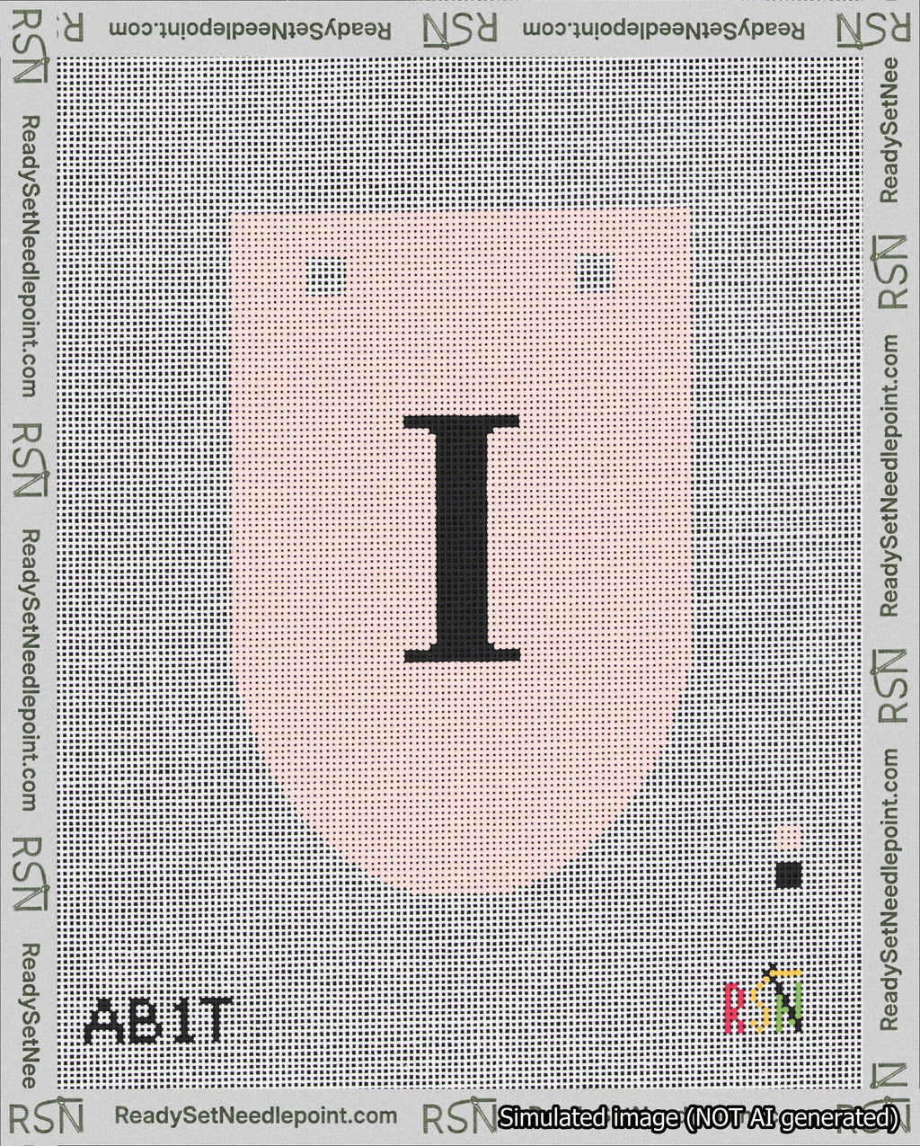 A taped needlepoint canvas with the design: Banner 18 mesh count Rounded I Black on Pink.
