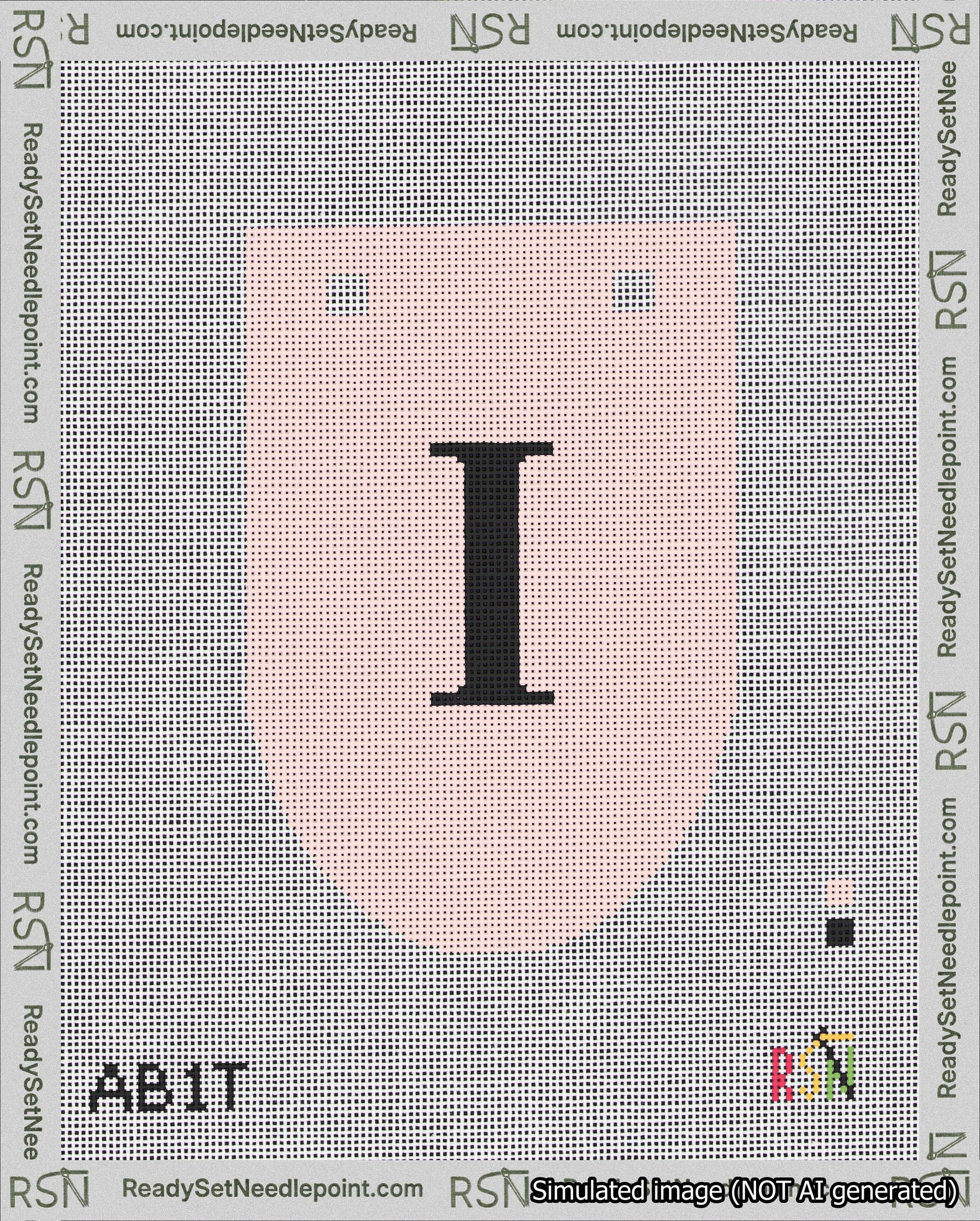 A taped needlepoint canvas with the design: Banner 18 mesh count Rounded I Black on Pink.