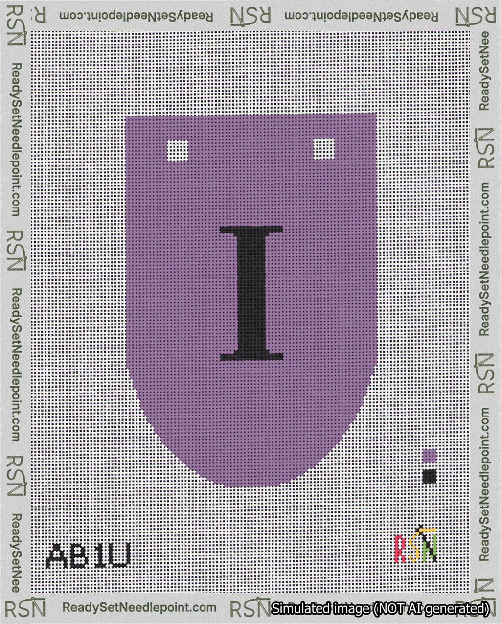 A taped needlepoint canvas with the design: Banner 18 mesh count Rounded I Black on Purple.