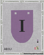 A taped needlepoint canvas with the design: Banner 18 mesh count Rounded I Black on Purple.