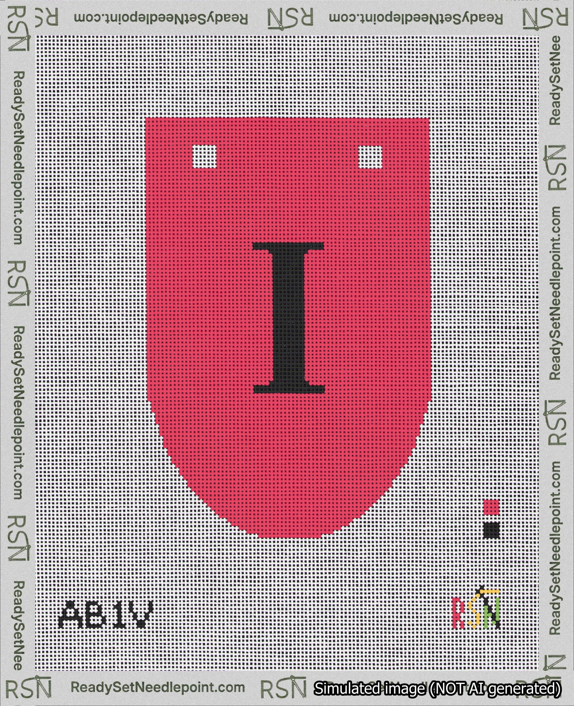 A taped needlepoint canvas with the design: Banner 18 mesh count Rounded I Black on Red.