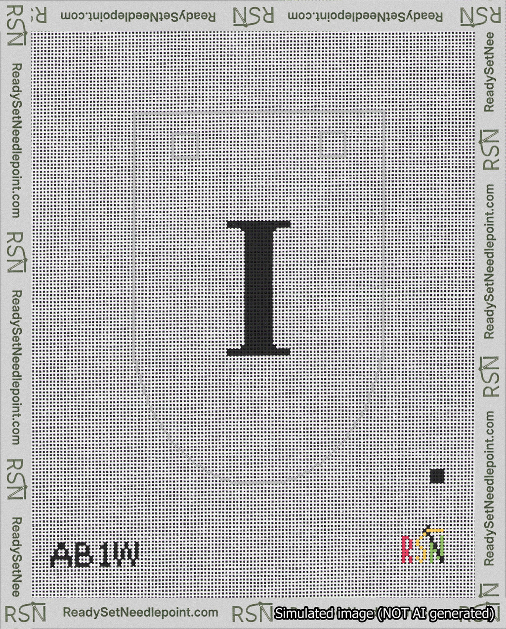 A taped needlepoint canvas with the design: Banner 18 mesh count Rounded I Black on White.