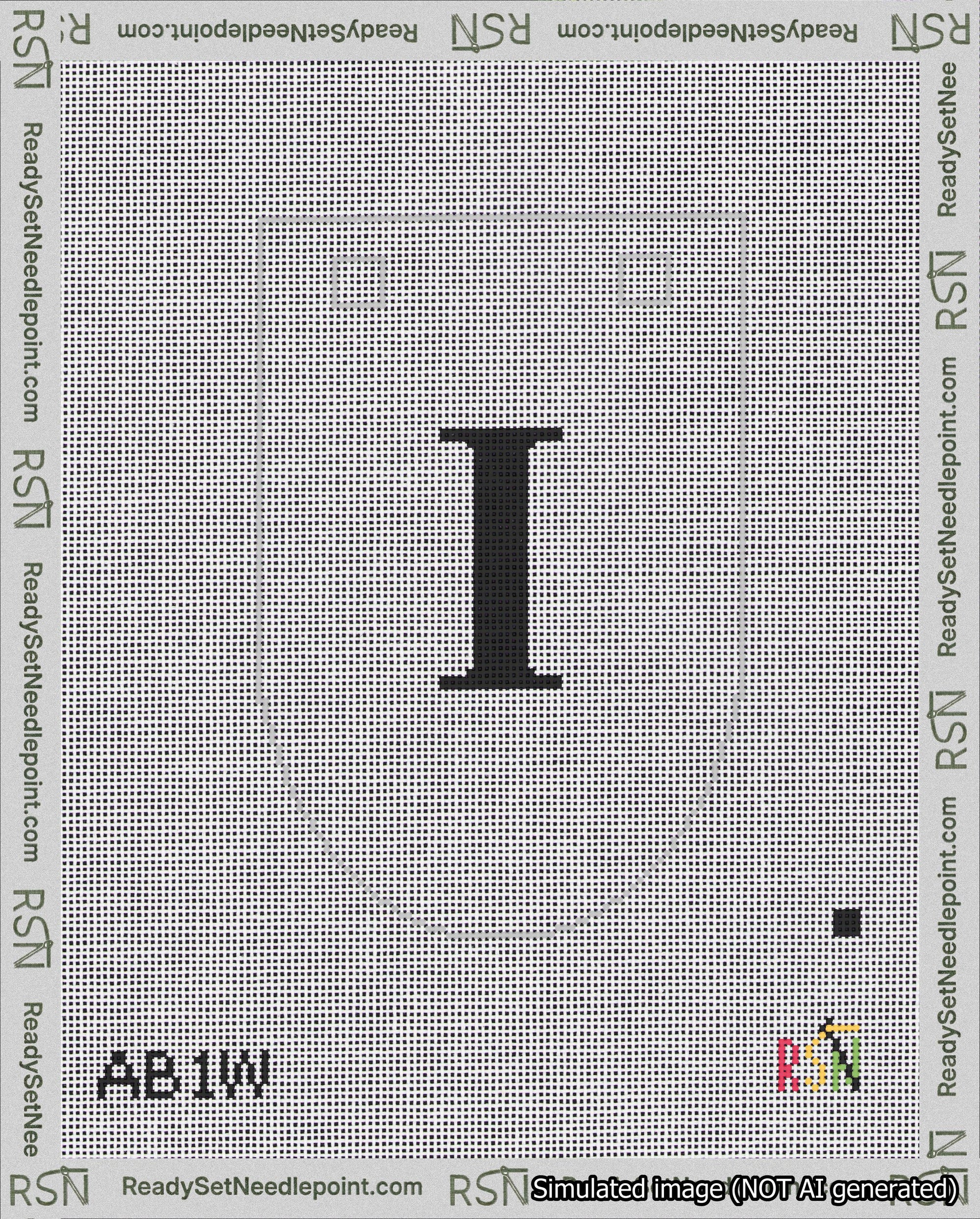 A taped needlepoint canvas with the design: Banner 18 mesh count Rounded I Black on White.