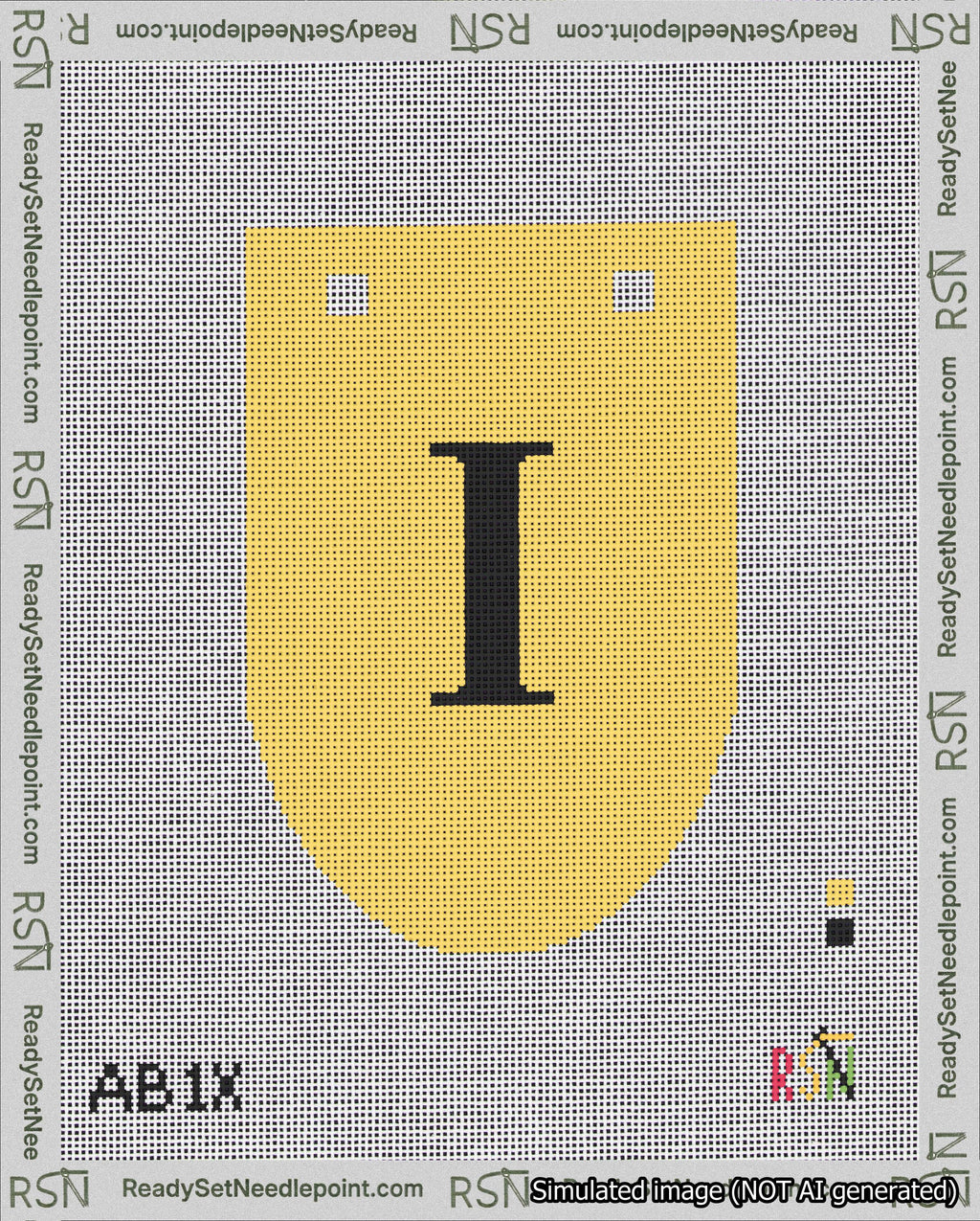 A taped needlepoint canvas with the design: Banner 18 mesh count Rounded I Black on Yellow.