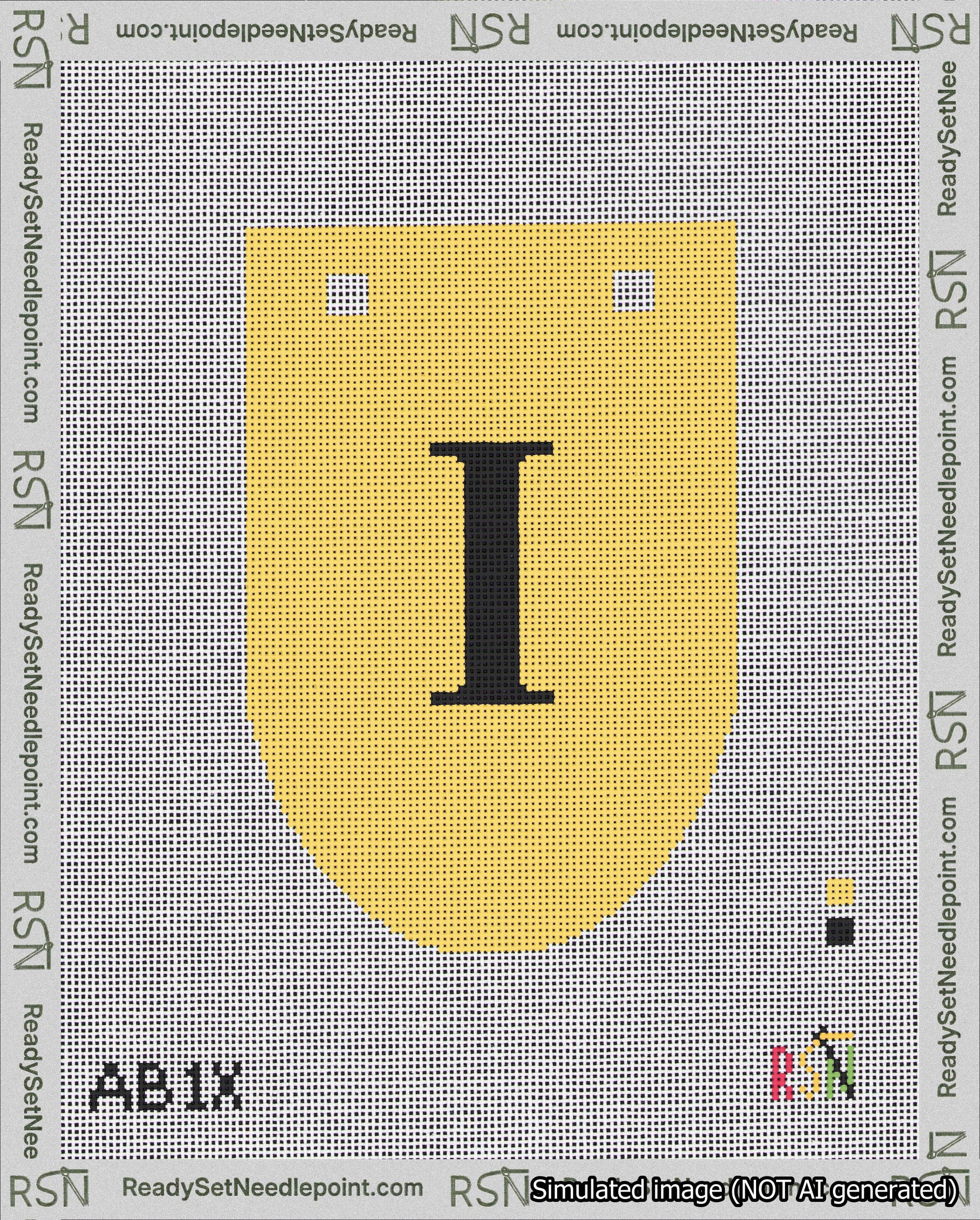 A taped needlepoint canvas with the design: Banner 18 mesh count Rounded I Black on Yellow.