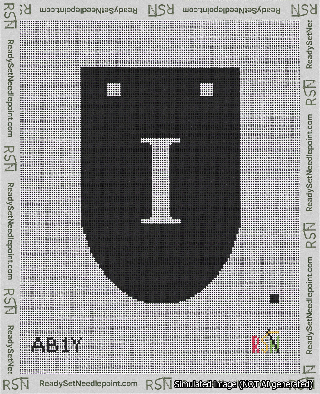 A taped needlepoint canvas with the design: Banner 18 mesh count Rounded I White on Black.