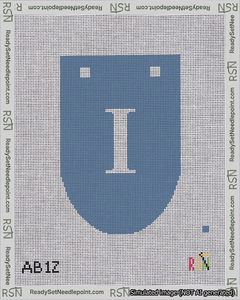 A taped needlepoint canvas with the design: Banner 18 mesh count Rounded I White on Blue.