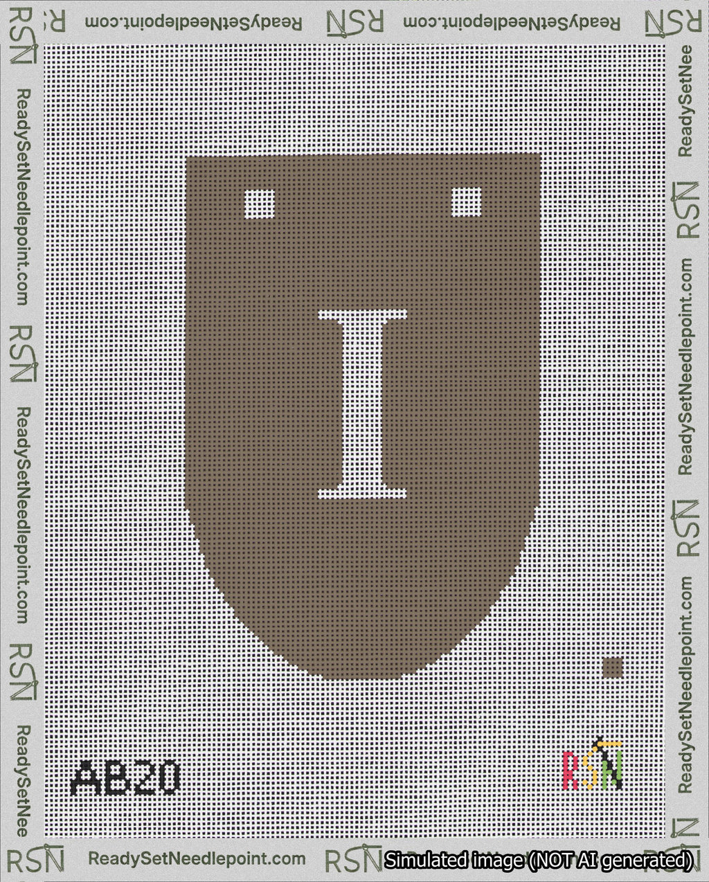 A taped needlepoint canvas with the design: Banner 18 mesh count Rounded I White on Brown.
