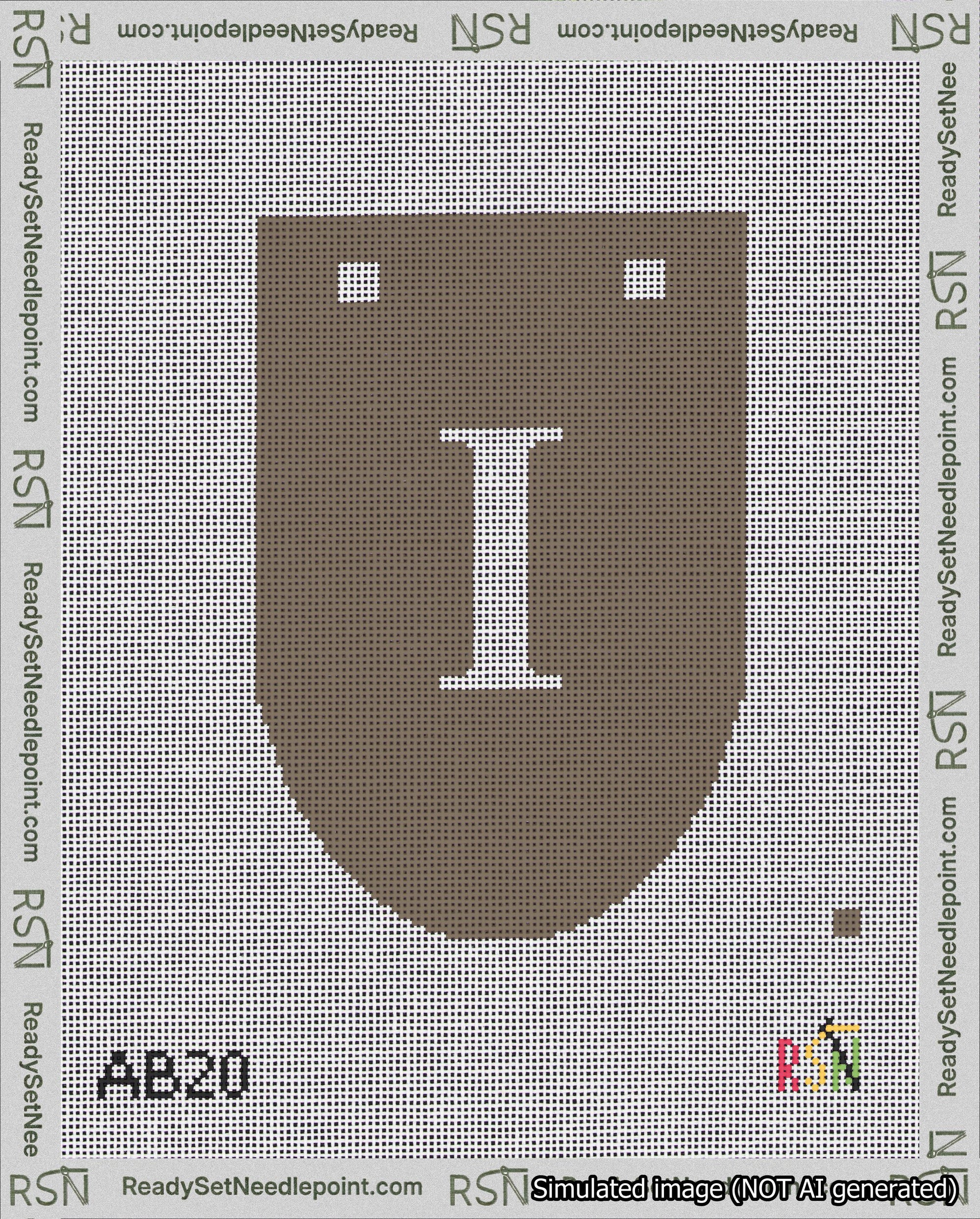 A taped needlepoint canvas with the design: Banner 18 mesh count Rounded I White on Brown.