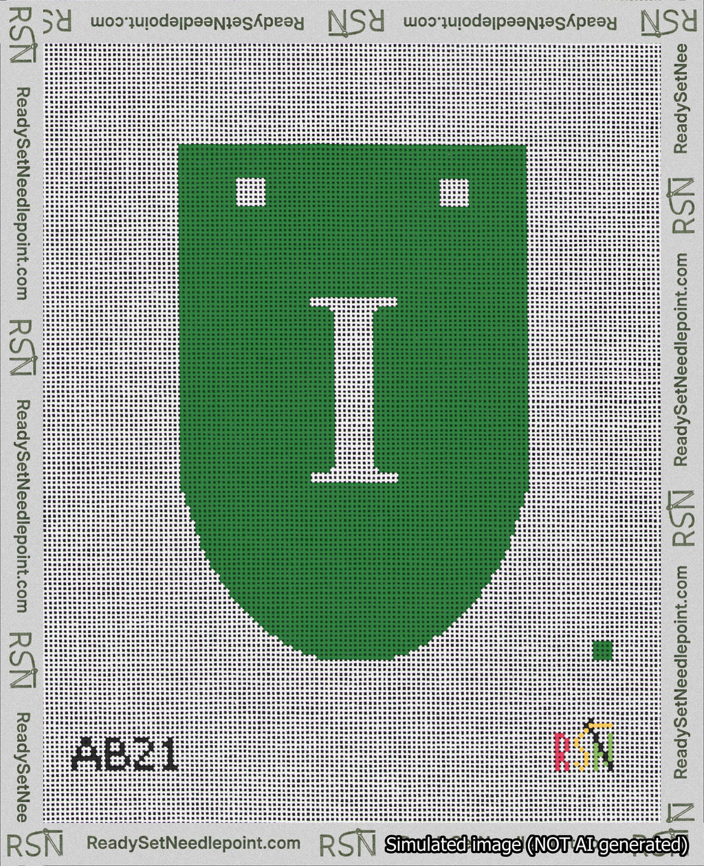 A taped needlepoint canvas with the design: Banner 18 mesh count Rounded I White on Green.