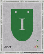 A taped needlepoint canvas with the design: Banner 18 mesh count Rounded I White on Green.