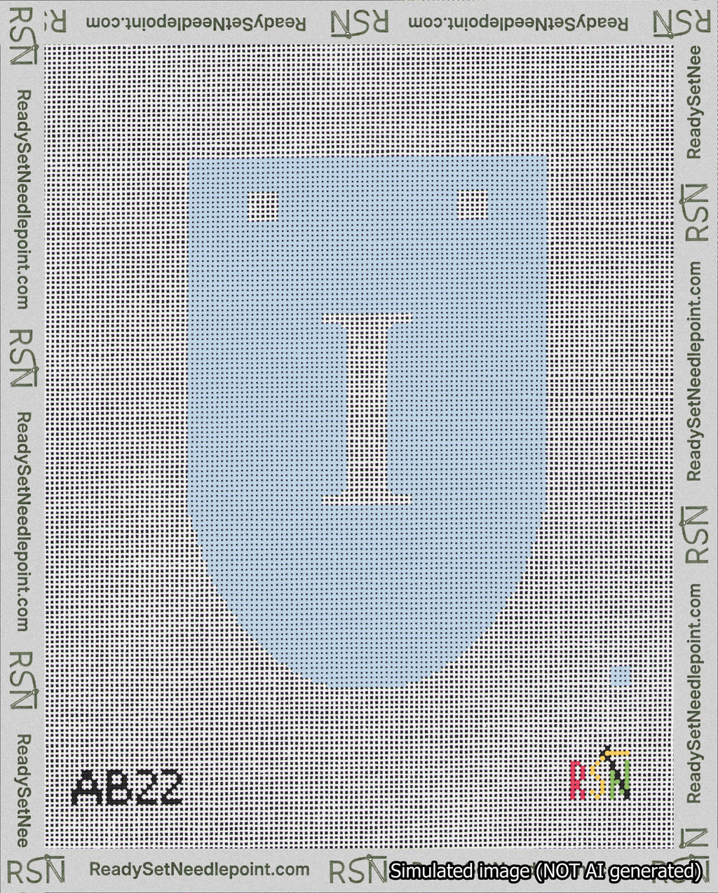 A taped needlepoint canvas with the design: Banner 18 mesh count Rounded I White on Light Blue.