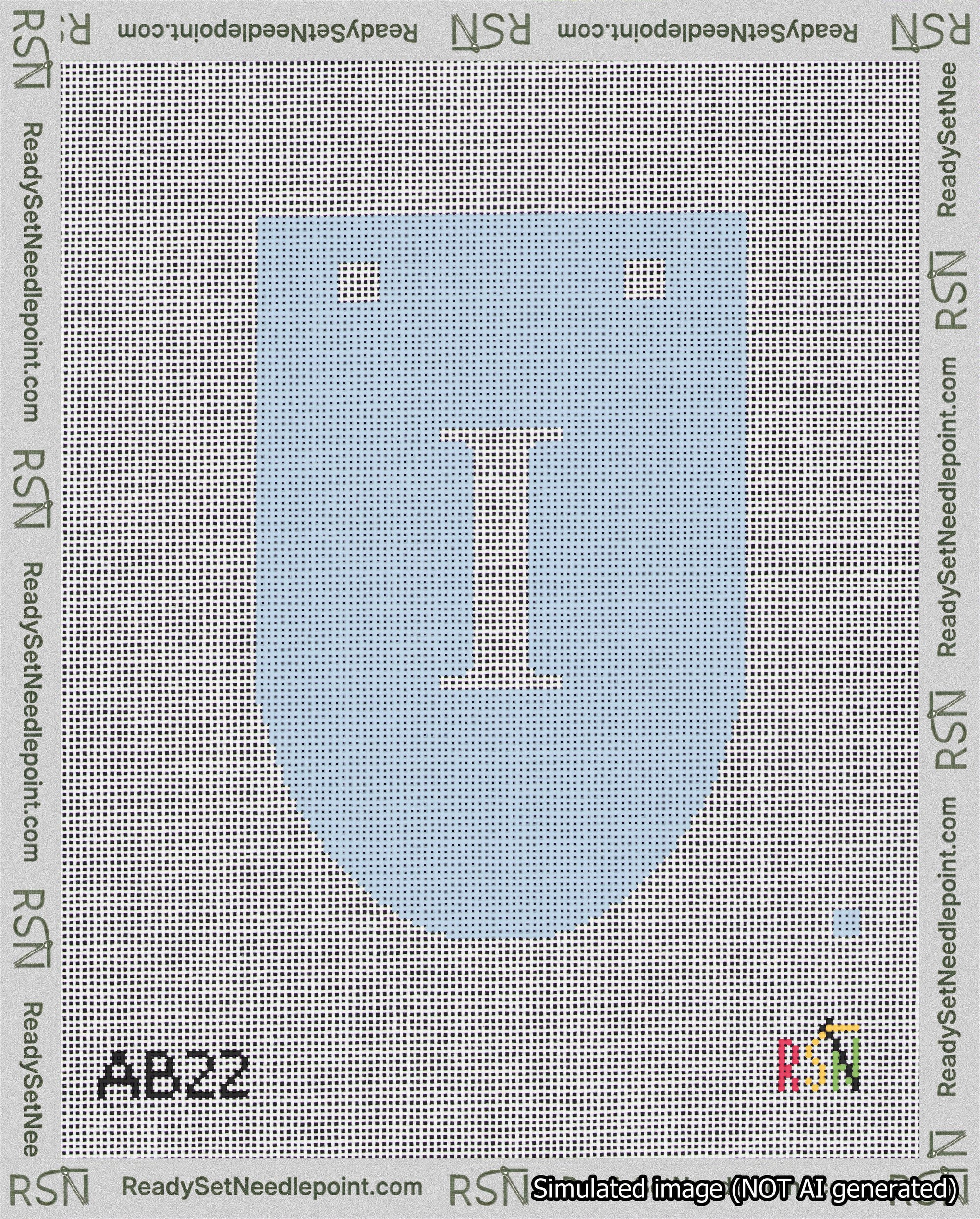 A taped needlepoint canvas with the design: Banner 18 mesh count Rounded I White on Light Blue.