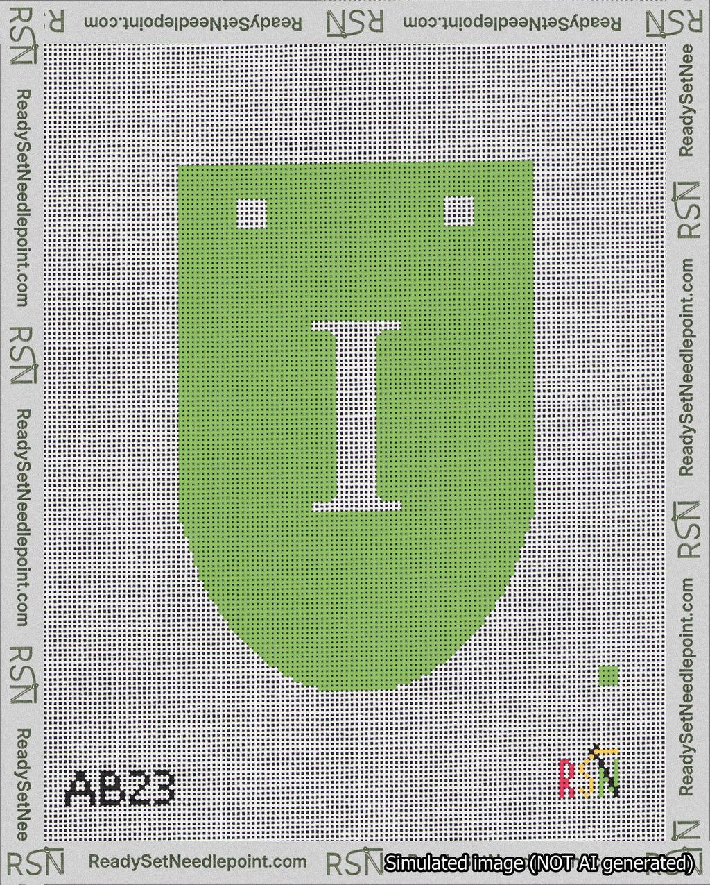 A taped needlepoint canvas with the design: Banner 18 mesh count Rounded I White on Light Green.