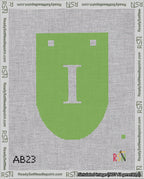 A taped needlepoint canvas with the design: Banner 18 mesh count Rounded I White on Light Green.