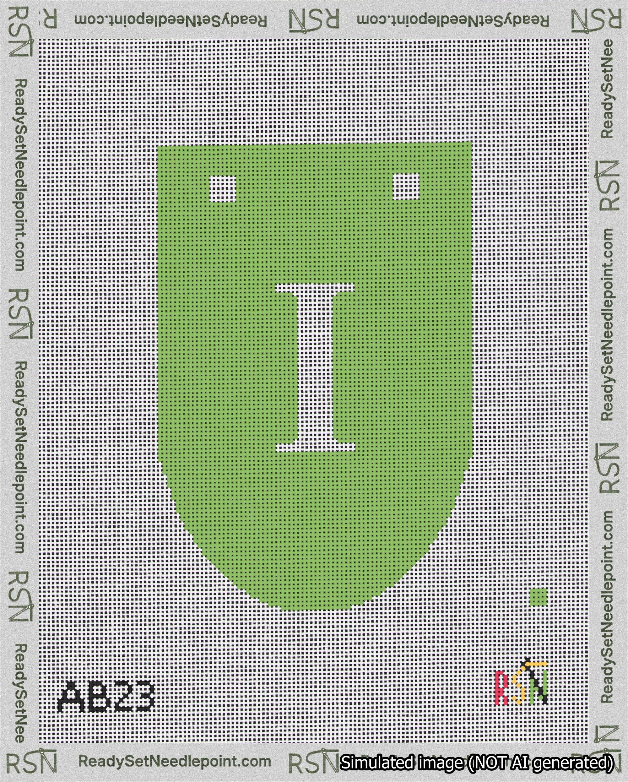 A taped needlepoint canvas with the design: Banner 18 mesh count Rounded I White on Light Green.